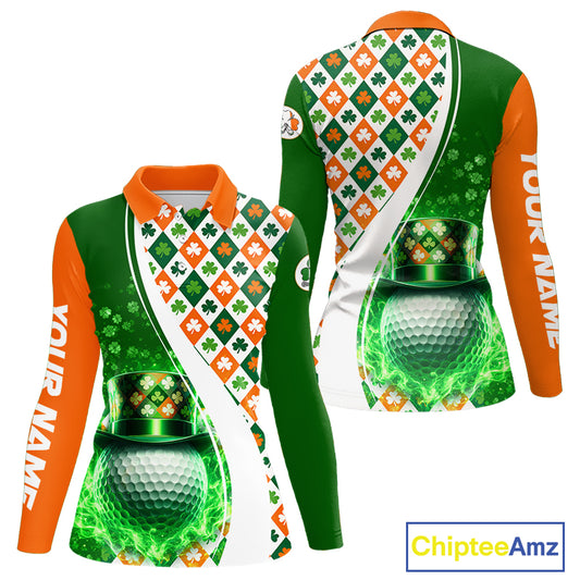 Womens Long Sleeve Golf Polo Shirt Custom Green Clover St Patricks Day Plaid Pattern Ireland Flag NHN0142