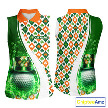 Load image into Gallery viewer, Womens Sleeveless Golf Polo Shirt Custom Green Clover St Patricks Day Plaid Pattern Ireland Flag NHN0142