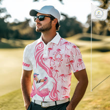 Load image into Gallery viewer, Matching Golf Polo Shirts For Couples, Custom Pink &amp; White Glitter Flamingo Valentine Golf Outfits NHN0026