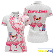 Load image into Gallery viewer, Matching Golf Polo Shirts For Couples, Custom Pink &amp; White Glitter Flamingo Valentine Golf Outfits NHN0026