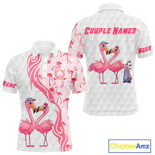 Load image into Gallery viewer, Matching Golf Polo Shirts For Couples, Custom Pink &amp; White Glitter Flamingo Valentine Golf Outfits NHN0026