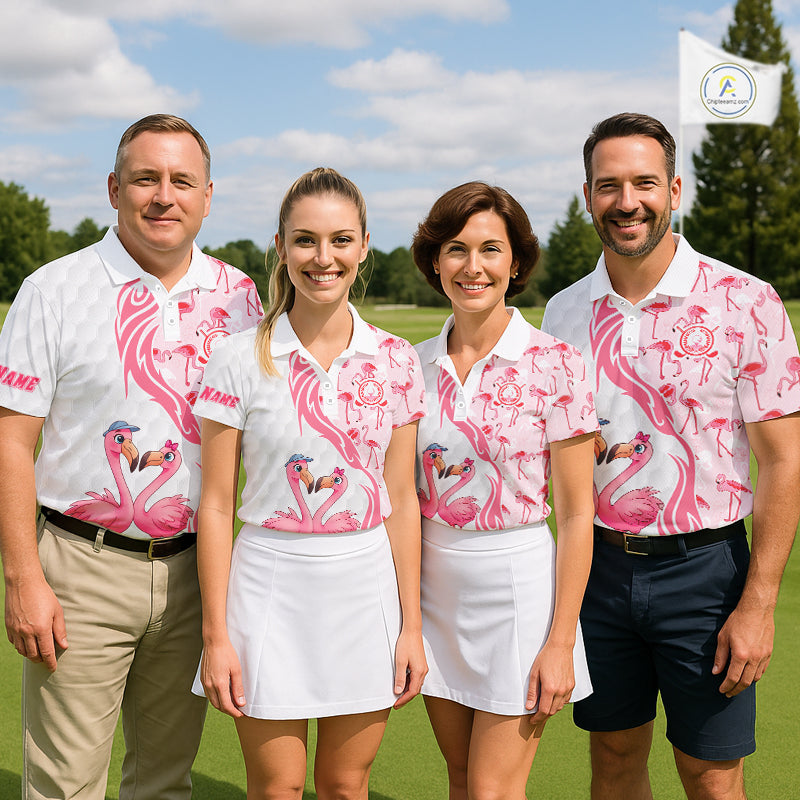 Matching Golf Polo Shirts For Couples, Custom Pink & White Glitter Flamingo Valentine Golf Outfits NHN0026