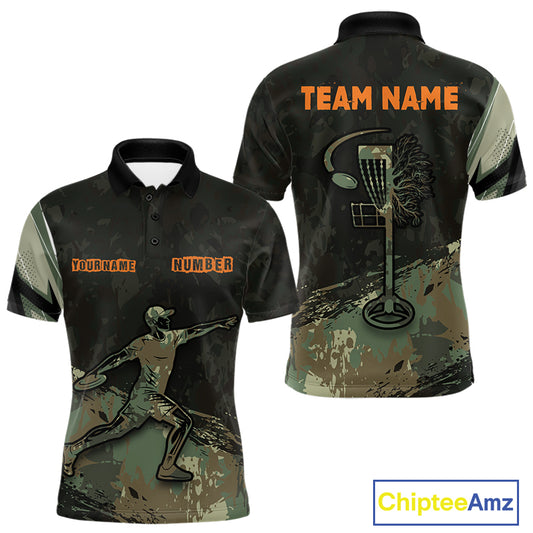Mens Disc Golf Polo Shirt Custom Name Number Green Camo Disc Golf Basket Personalized Team Disc Golf Shirts NHN0029