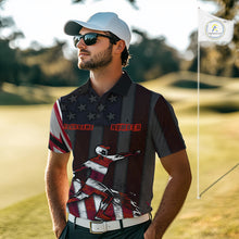 Load image into Gallery viewer, Mens Disc Golf Polo Shirt Custom Name Vintage American Flag Disc Golf Basket Patriotic Golf Shirts  NHN0029