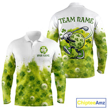 Load image into Gallery viewer, Long Sleeve Golf Polo Shirt Custom Gofl Ball Green Clover St Patricks Day Plaid Pattern Golf Tops NHN0161