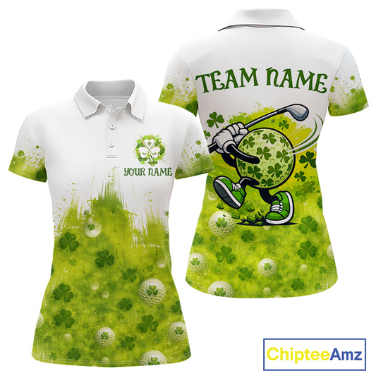 Womens Golf Polo Shirt Custom Gofl Ball Green Clover St Patricks Day Plaid Pattern Golf Tops NHN0161