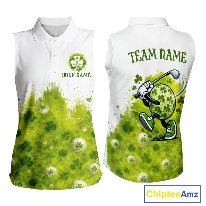 Womens Sleeveless Golf Polo Shirt Custom Funny Green Clover St Patricks Day Plaid Pattern Golf Tops NHN0161
