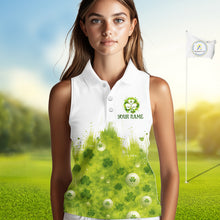 Load image into Gallery viewer, Womens Sleeveless Golf Polo Shirt Custom Funny Green Clover St Patricks Day Plaid Pattern Golf Tops NHN0161