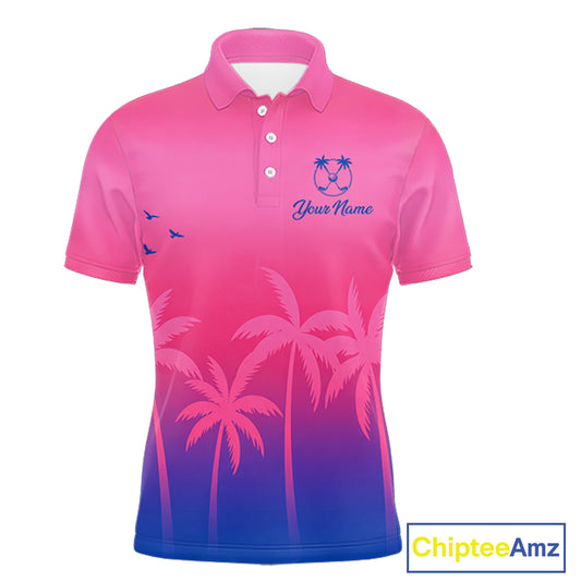 Mens Golf Polo Shirt Custom Pink Blue Palm Pattern Team Golf Tops For Men, Summer Golf Gifts NHN0172