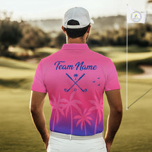 Load image into Gallery viewer, Mens Golf Polo Shirt Custom Pink Blue Palm Pattern Team Golf Tops For Men, Summer Golf Gifts NHN0172