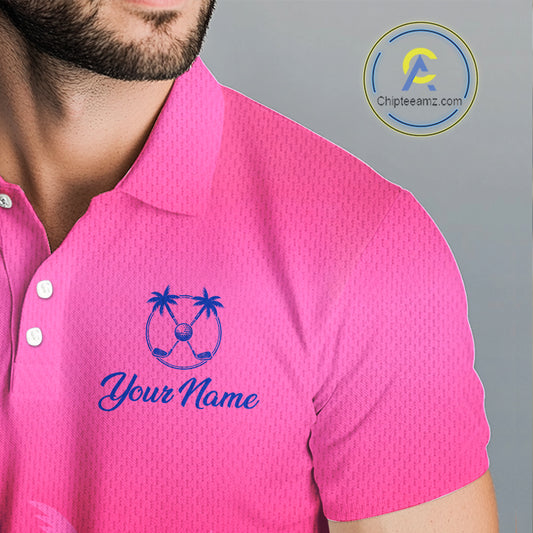 Mens Golf Polo Shirt Custom Pink Blue Palm Pattern Team Golf Tops For Men, Summer Golf Gifts NHN0172