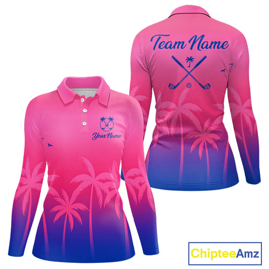 Womens Long Sleeve Golf Polo Shirt Custom Pink Blue Palm Pattern Team Ladies Golf Tops, Golf Gifts NHN0172