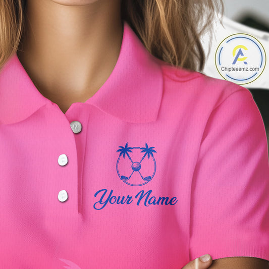 Womens Golf Polo Shirt Custom Pink Blue Palm Pattern Team Ladies Golf Tops, Summer Golf Gifts NHN0172