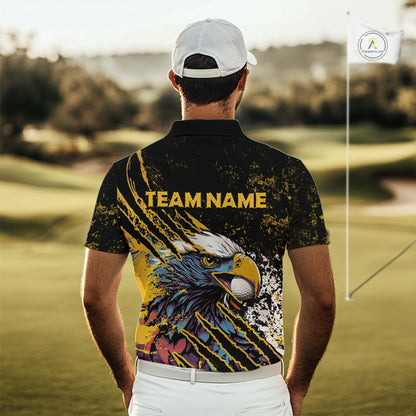 Mens Golf Polo Shirt Custom Yellow And Black Grunge Ripped Eagle Grasping Golf Ball Golf Apparel NHN0057