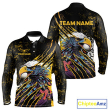 Load image into Gallery viewer, Mens Long Sleeve Golf Polo Shirt Custom Yellow &amp; Black Grunge Ripped Eagle Grasping Golf Ball Golf Apparel NHN0057