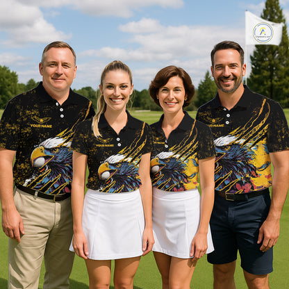 Womens Golf Polo Shirt Custom Yellow And Black Grunge Ripped Eagle Grasping Golf Ball Golf Apparel NHN0057