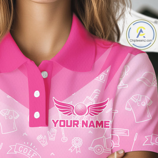Womens Golf Polo Shirt Custom Pink Golf Ball Golf Club Pattern Team Ladies Golf Tops, Golf Gifts NHN0198