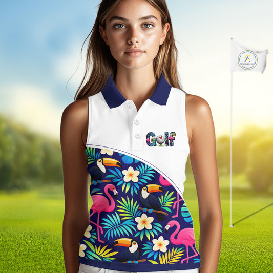 Funny Womens Sleeveless Golf Polo Shirt Custom Toucan Tropical Pattern, Flamingo Golf Shirt For Ladies NHN0205