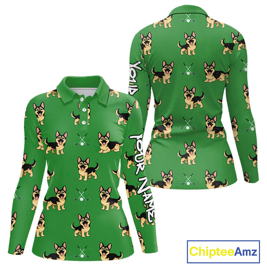 Funny German Shepherd Womens Long Sleeve Golf Polo Shirt Custom Green Team Golf Tops, Dog Lover Gift NHN0213