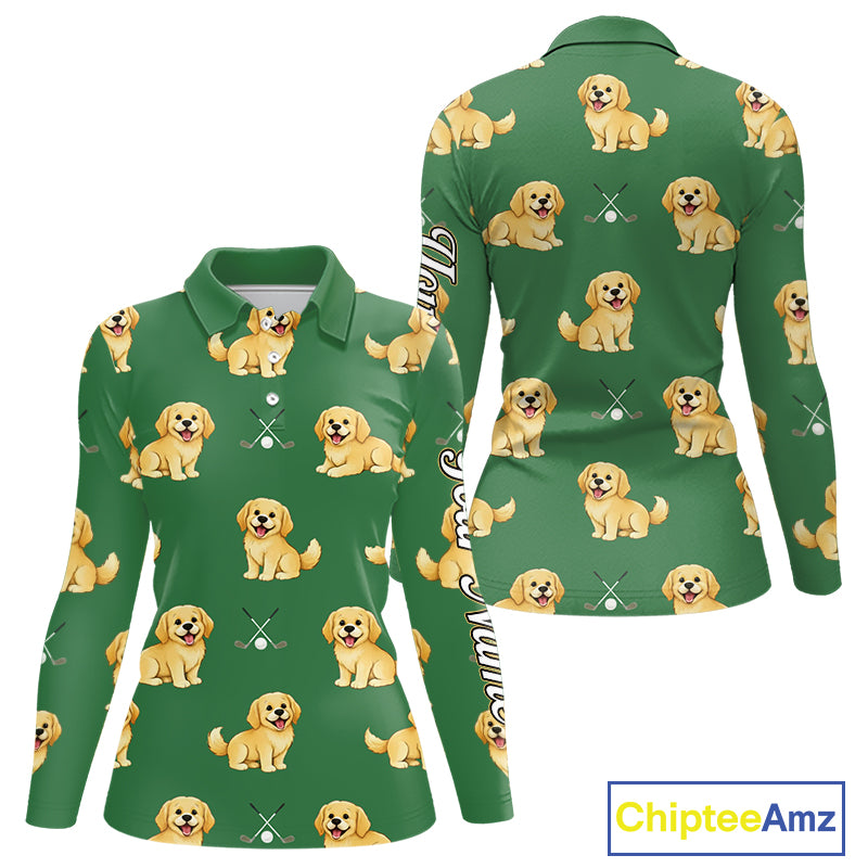 Golden Retriever Womens Long Sleeve Golf Polo Shirt Custom Funny Green Team Golf Tops, Dog Lover Gift NHN0214