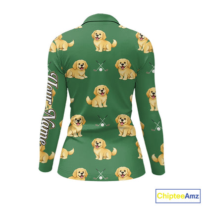 Golden Retriever Womens Long Sleeve Golf Polo Shirt Custom Funny Green Team Golf Tops, Dog Lover Gift NHN0214