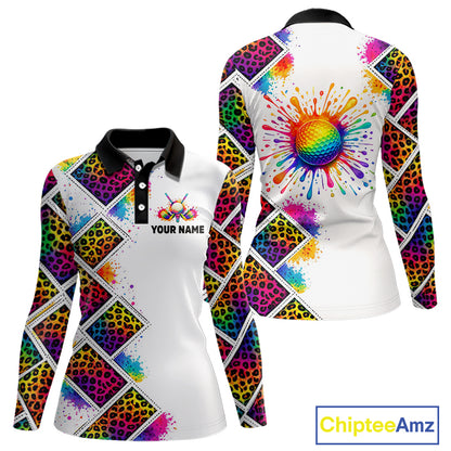 Rainbow Womens Long Sleeve Golf Polo Shirt Leopard Print Pattern Custom Team Ladies Golf Top, Golf Gift NHN0228