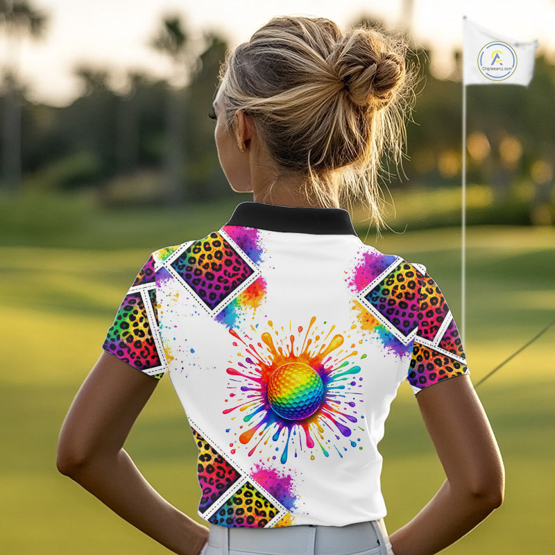 Rainbow Womens Golf Polo Shirt Leopard Print Pattern Custom Team Ladies Golf Top, Golf Gift NHN0228