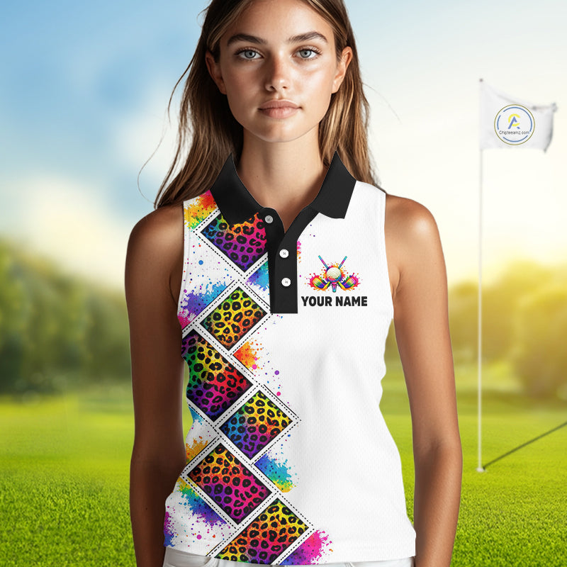 Rainbow Womens Sleeveless Golf Polo Shirt Leopard Print Pattern Custom Team Ladies Golf Top, Golf Gift NHN0228