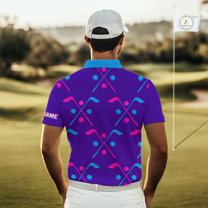 Mens Golf Polo Shirts Blue Purple Pink Custom Golf Balls And Golf Clubs Pattern, Team Golf Shirt NHN0105