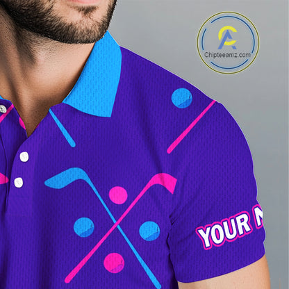 Mens Golf Polo Shirts Blue Purple Pink Custom Golf Balls And Golf Clubs Pattern, Team Golf Shirt NHN0105