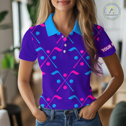 Womens Golf Polo Shirts Blue Purple Pink Custom Golf Balls And Golf Clubs Pattern, Team Golf Shirt NHN0105
