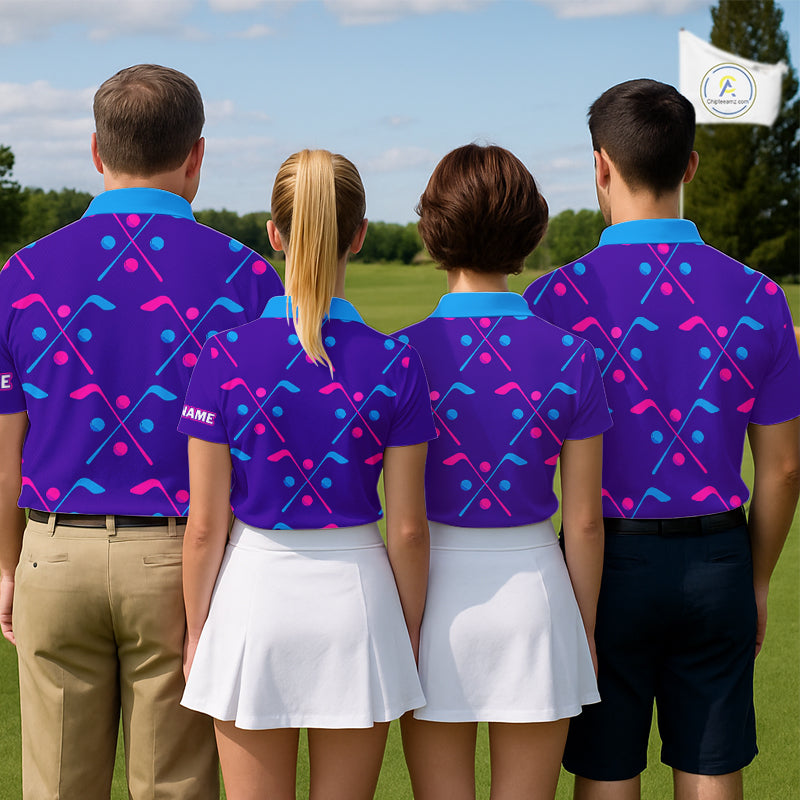 Mens Golf Polo Shirts Blue Purple Pink Custom Golf Balls And Golf Clubs Pattern, Team Golf Shirt NHN0105