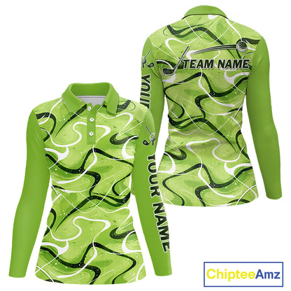 Green And White Womens Long Sleeve Golf Polo Shirt Custom Green Camo Golf Tops For Ladies, Golf Gifts NHN0111