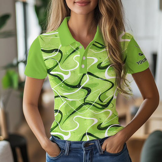 Green And White Womens Golf Polo Shirts Custom Green Camo Golf Tops For Ladies, Golf Gifts NHN0111