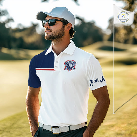 Blue And White Golf Polo Shirt, Custom Name Mens Golf Polo Shirts, Personalized Golf Gifts NHN0117