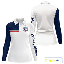 Load image into Gallery viewer, Blue And White Golf Polo Shirt, Custom Name Womens Long Sleeve Golf Polo Shirt, Personalized Golf Gift NHN0117