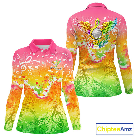 Womens Long Sleeve Golf Polo Shirt Colorful Music Angel Wing Golf Ball Custom Golf Top For Team NHN0130