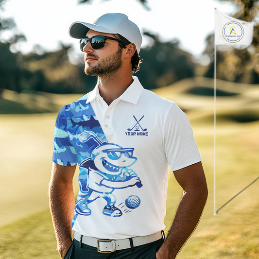 Custom Mens Golf Polo Shirt Funny Blue And White Shark Pattern Golf Shirts For Men NHN0002