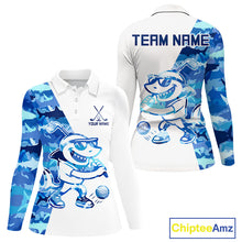 Load image into Gallery viewer, Womens Long Sleeve Golf Tops Polo Blue Shark Pattern Golf Clubs Custom Name Funny Golf Shirts NHN0002