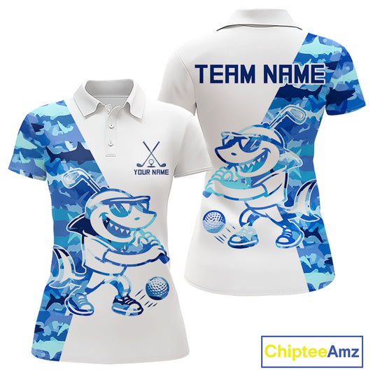 Custom Womens Golf Polo Shirt Funny Blue And White Shark Pattern Golf Shirts For Women NHN0002