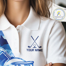 Load image into Gallery viewer, Custom Womens Golf Polo Shirt Funny Blue And White Shark Pattern Golf Shirts For Women NHN0002