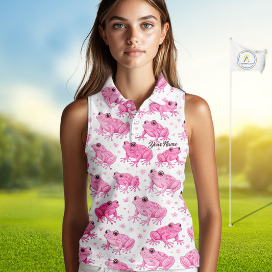 Funny Womens Sleeveless Golf Polo Shirt Custom Pink Frog Pattern Golf Attire For Ladies Golfer NHN0134