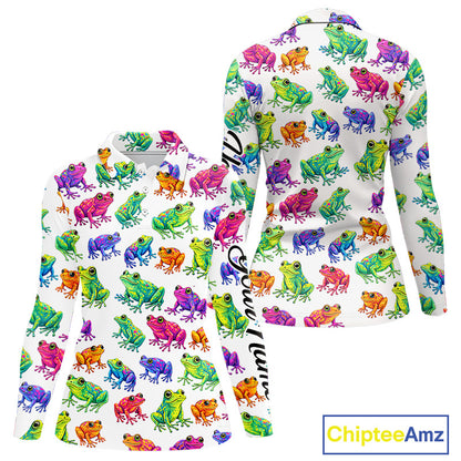 Funny Watercolor Womens Long Sleeve Golf Polo Shirt Custom Colorful Frog Pattern Golf Attire NHN0134