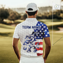 Load image into Gallery viewer, Funny Mens Golf Polo Shirt Patriotic American Flag Custom Name Shark Playing Golf Shirt Funny Golf Apparel NHN0018