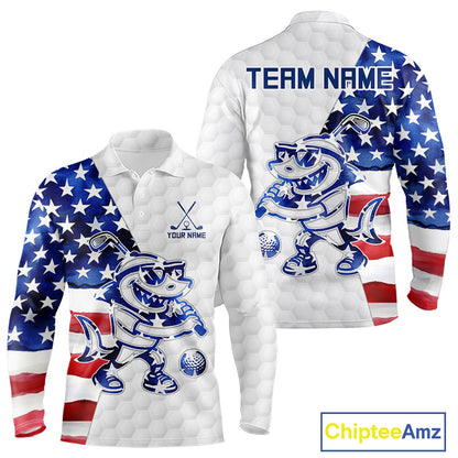 Funny Mens Long Sleeve Polo Golf Shirt Patriotic American Flag Custom Shark Playing Golf Shirt Funny Golf Apparel NHN0018