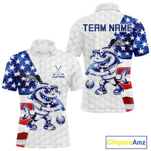 Load image into Gallery viewer, Funny Mens Golf Polo Shirt Patriotic American Flag Custom Name Shark Playing Golf Shirt Funny Golf Apparel NHN0018