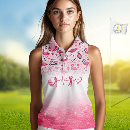 Pink Flamingo Heart Theme Matching Sleeveless Golf Polo Shirt For Couple Custom Couple Valentines Outfit NHN0145