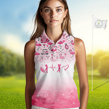 Load image into Gallery viewer, Pink Flamingo Heart Theme Matching Sleeveless Golf Polo Shirt For Couple Custom Couple Valentines Outfit NHN0145