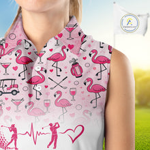 Load image into Gallery viewer, Pink Flamingo Heart Theme Matching Sleeveless Golf Polo Shirt For Couple Custom Couple Valentines Outfit NHN0145