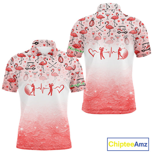 Red Flamingo Heart Theme Matching Golf Polos For Couple Custom Couple Valentines Outfit NHN0145